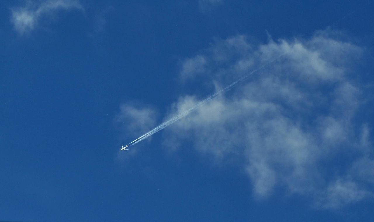 LOW ANGLE VIEW OF VAPOR TRAILS IN SKY