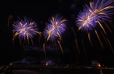 Low angle view of firework display at night