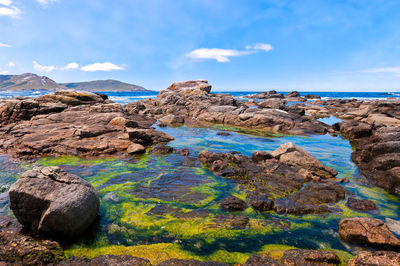 Rocks on sea shore against sky