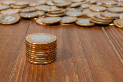 Close-up of coins on table