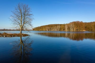 Scenic view of lake against blue sky