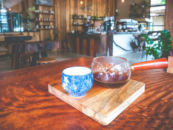 Close-up of tea cups on table in restaurant