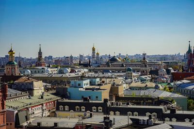 High angle view of buildings in city