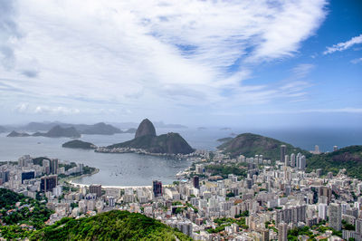 High angle view of city against cloudy sky