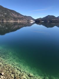 Scenic view of lake against blue sky