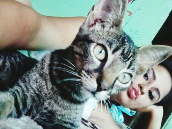 Close-up portrait of cute boy holding cat