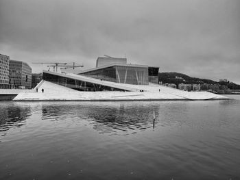 Scenic view of river by city buildings against sky
