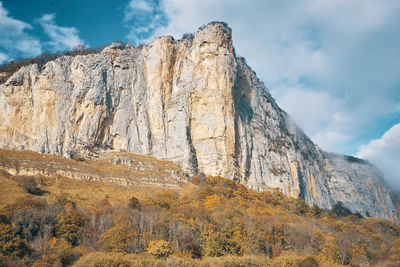 Low angle view of rock formations against sky