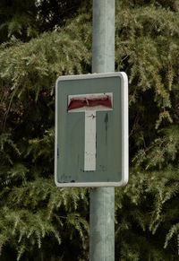 Close-up of road sign against trees