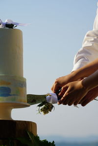 Close-up of hand against clear sky