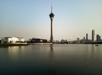 View of river and buildings against sky