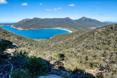 Scenic view of sea and mountains against sky