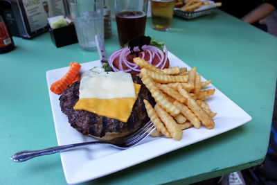 Close-up of food served on table