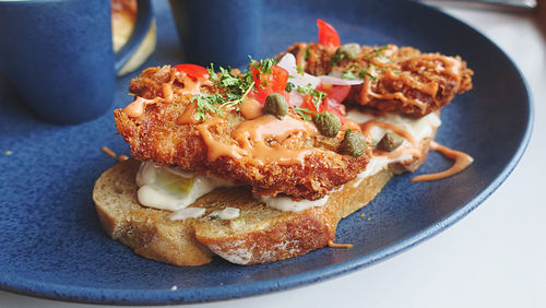 High angle view of breakfast served on table