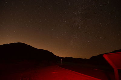 Scenic view of silhouette mountain against sky at night