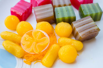 High angle view of fruits in plate on table