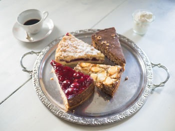 High angle view of breakfast served on table