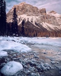 Scenic view of snowcapped mountains and frozen lake