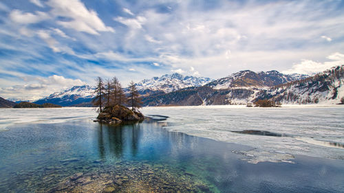 Scenic view of snowcapped mountains against sky during winter