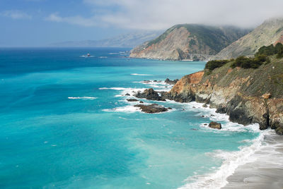 Scenic view of sea and mountains against sky