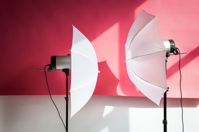 Close-up of illuminated lamp against wall