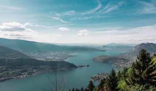 Scenic view of lake and mountains against sky