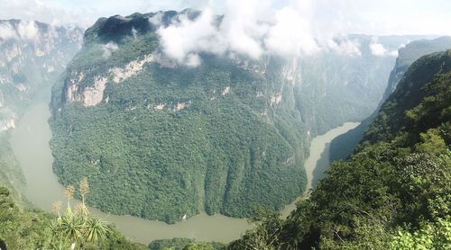 High angle view of trees and mountains against sky