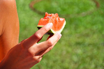 Cropped image of woman holding watermelon slice