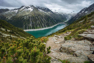 Schlegeis stausee lake view from mountain hiking path trail. zillertal, austria, europe