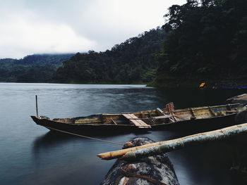 Boat moored by trees against sky