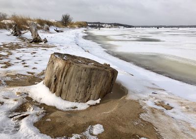 Scenic view of snow covered land against sky