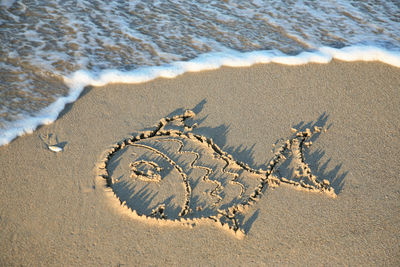 High angle view of footprints on sand at beach