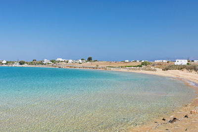 Scenic view of beach against clear blue sky