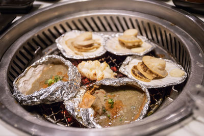 High angle view of seafood in plate on table