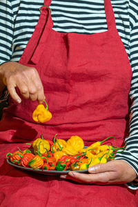Midsection of man holding fruit in plate