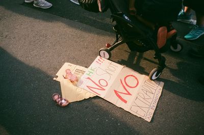 High angle view of text on street