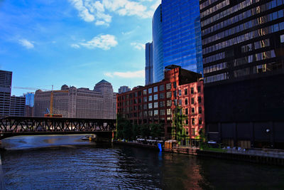 Buildings by river against sky in city