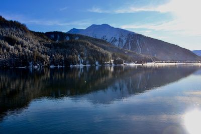 Scenic view of lake by snowcapped mountains against sky