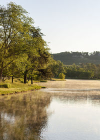 Scenic view of lake in forest against clear sky