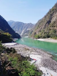 Scenic view of lake by mountains against sky