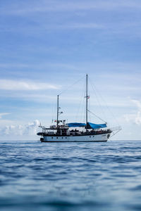 Sailboat sailing on sea against sky