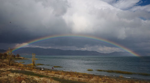 Scenic view of rainbow over sea against sky