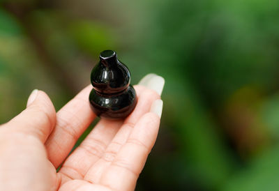 Close-up of cropped hand holding small container