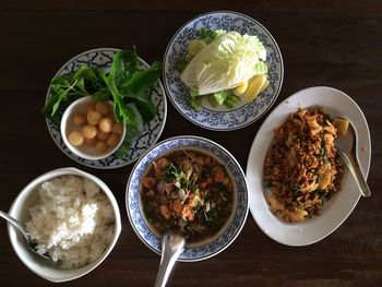 High angle view of food served on table