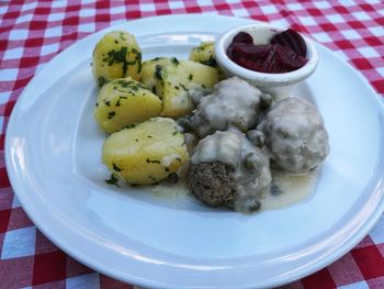 High angle view of food in plate