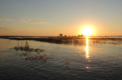 Scenic view of lake against sky during sunset