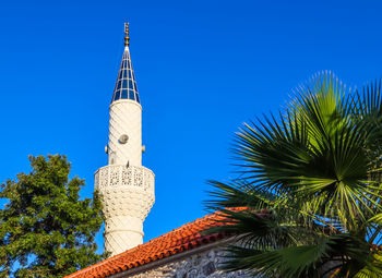 Low angle view of coconut palm tree and building against blue sky