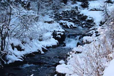 Stream flowing through snow covered landscape