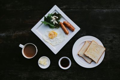 High angle view of breakfast served on table