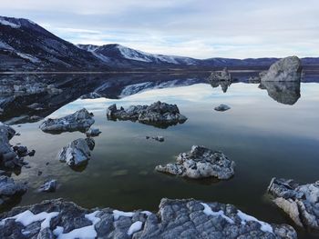 Calm lake against mountain range